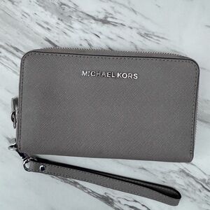Michael Kors Silver Gray Saffiano Leather Wristlet Wallet